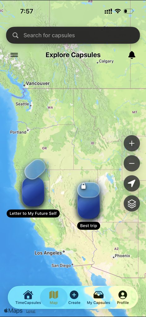 TimeCapsules - Interface de mapa do aplicativo TimeCapsules mostrando cápsulas digitais baseadas em localização fixadas em locais geográficos específicos.