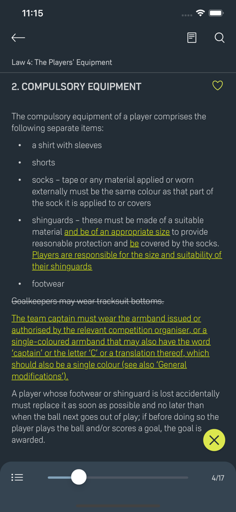 Laws of the Game - Official IFAB Laws of the Game app screen showing Law 4 regarding compulsory player equipment