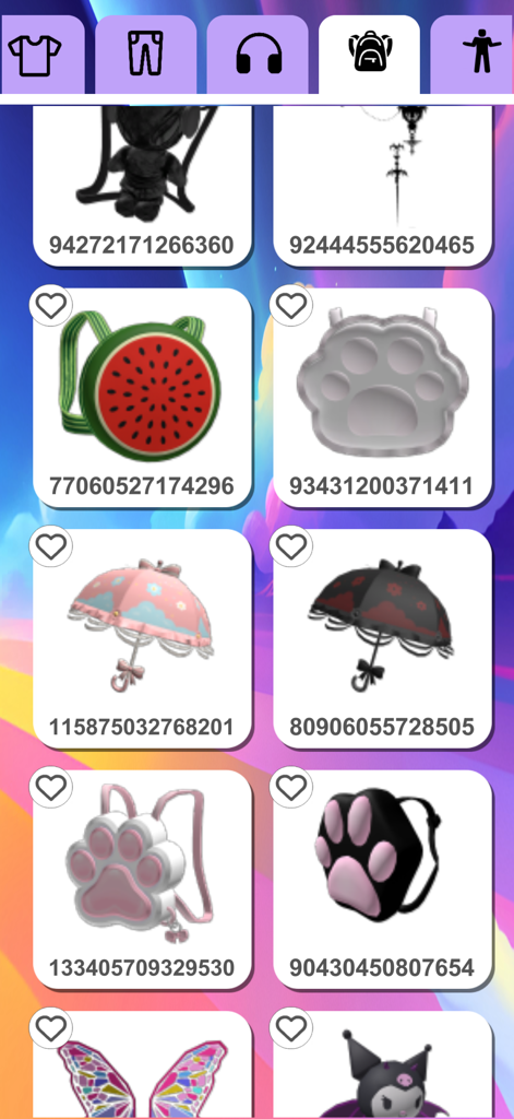 Catalog of Roblox accessory ID codes showing backpacks and umbrellas