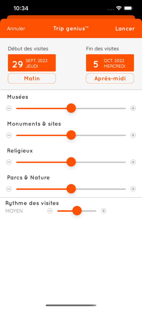 MisterFly - MisterFly app Trip Genius interface showing sliders for travel preferences and visit date selection.