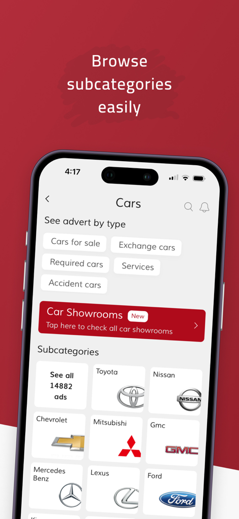 Yemen Mazad يمن مزاد - Yemen Mazad app interface showing car subcategories and automotive brands like Toyota and Nissan