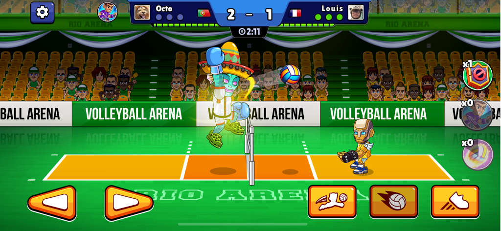 Volleyball Arena: Spike Hard - A 1v1 volleyball match in Rio Arena featuring customized characters and on screen controls