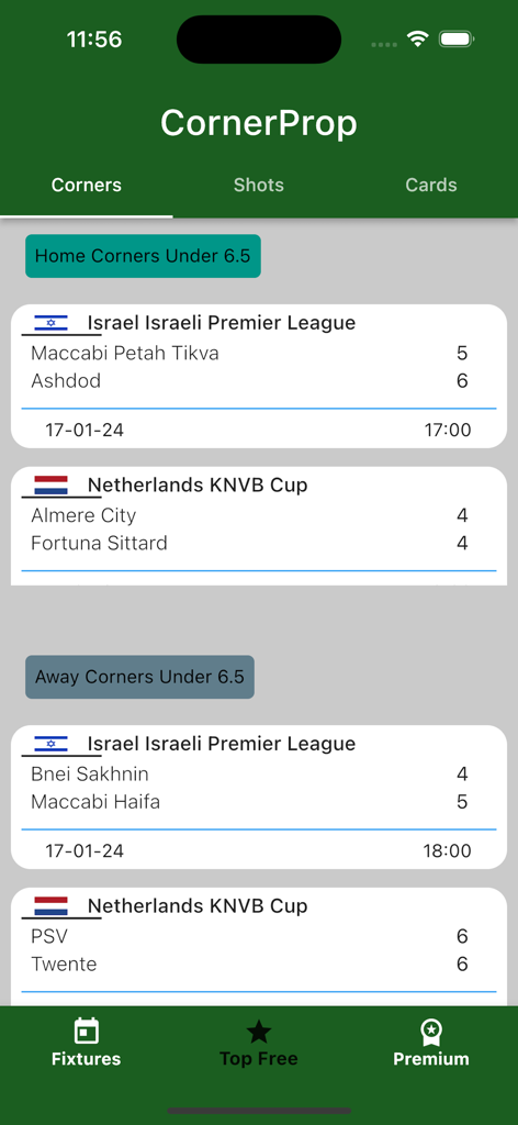 CornerProp- Team Corners Tips - CornerProp mobile app interface displaying football match fixtures and corner betting tips for Israeli and Dutch leagues
