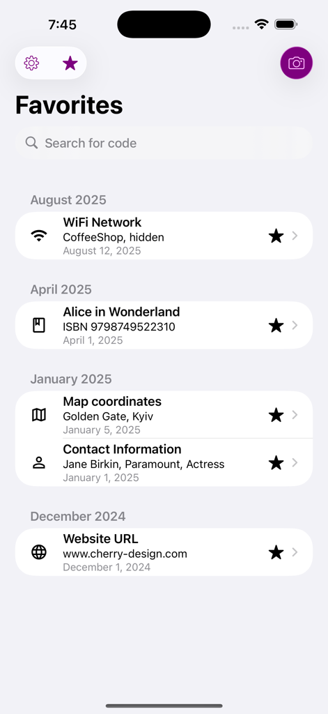 A list of favorited scans in the Code Scanner app organized by date including WiFi networks, books, map coordinates, and contact information.