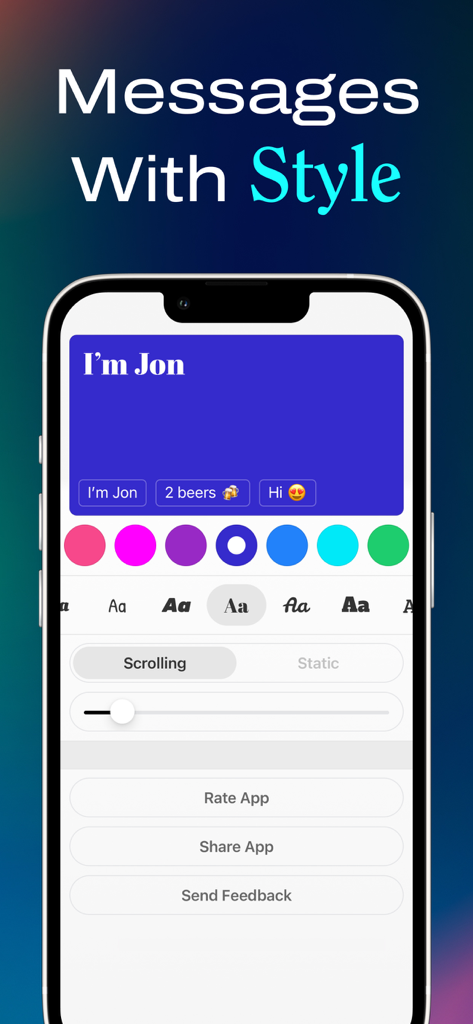 Interface of the Megatext app showing customization options for LED banner text including colors fonts and scrolling speed
