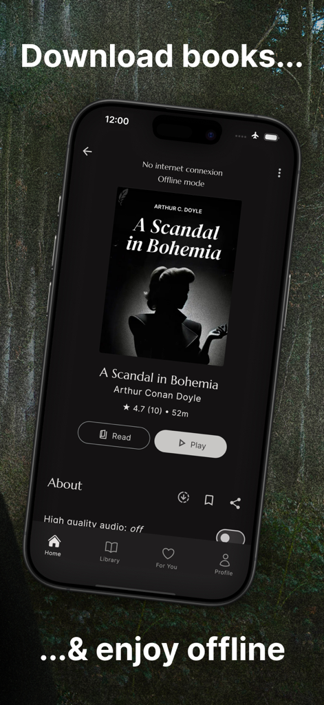 Fabuly app interface showing offline mode for the classic book A Scandal in Bohemia