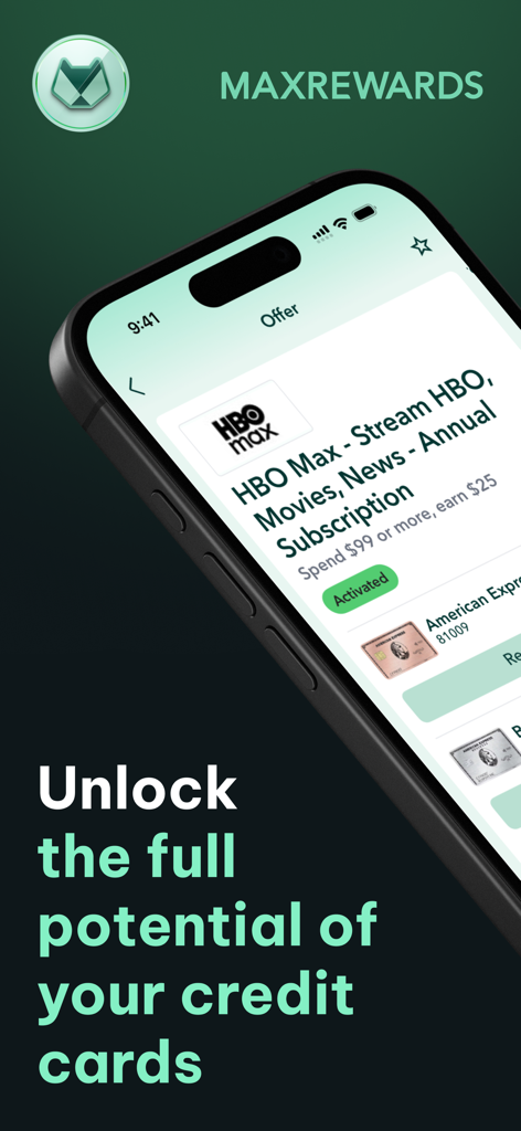 MaxRewards mobile app showing an activated credit card offer for an HBO Max subscription.