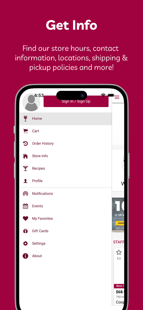 LeVino Wine Merchants mobile app side navigation menu showing options for cart, order history, and store info.