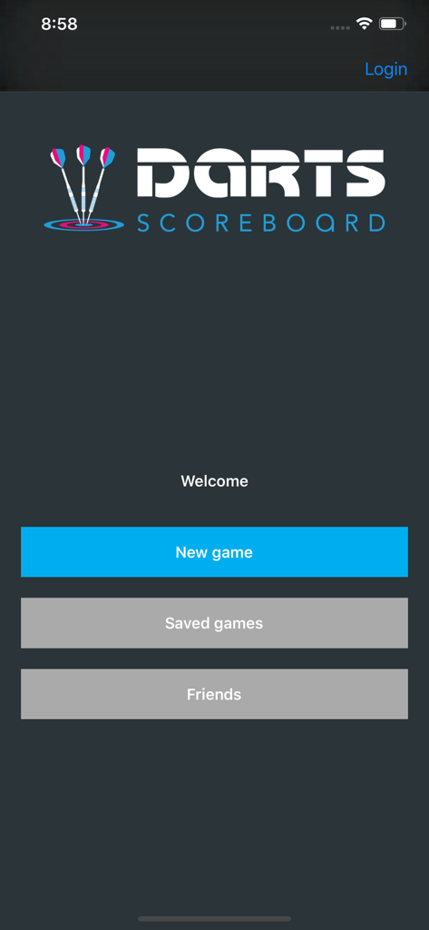 Darts Scoreboard X01 - Main menu of Darts Scoreboard X01 app featuring options to start a new game, view saved games, or manage friends