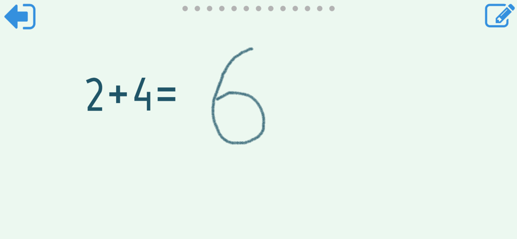 2 더하기 4의 덧셈 문제에 대한 손글씨 답 6을 보여주는 화면