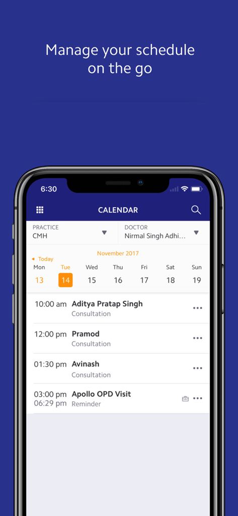 Practo Pro - For Doctors - Doctor's daily appointment calendar on the Practo Pro mobile app.