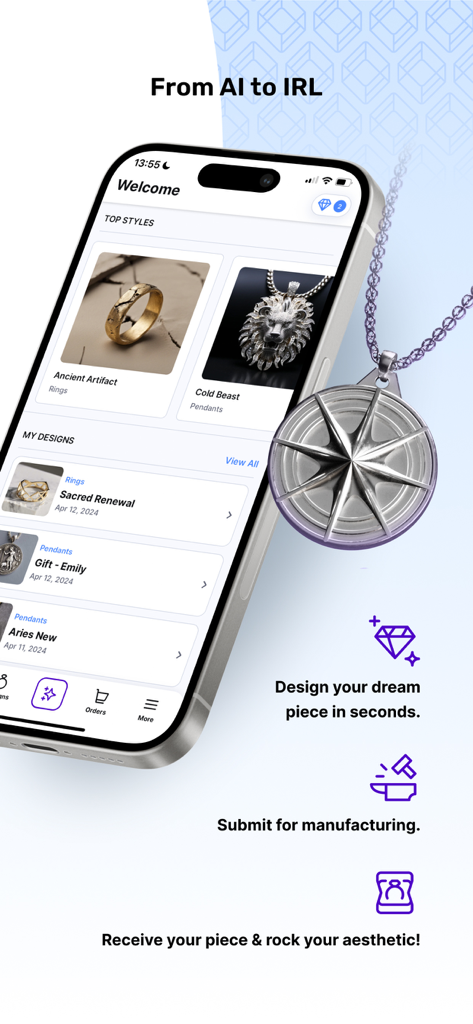 ARQ Jewelry Design - Interfaz de la aplicación ARQ Jewelry Design mostrando la creación de joyería personalizada desde el diseño de IA hasta la pieza terminada