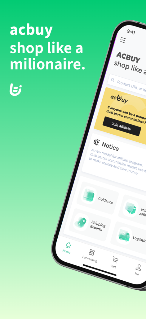 AcBuy app home screen showing shopping guidance and shipping options