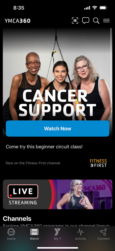 Écran d'accueil de l'application YMCA360 présentant des programmes de bien-être de soutien contre le cancer et du contenu en streaming en direct