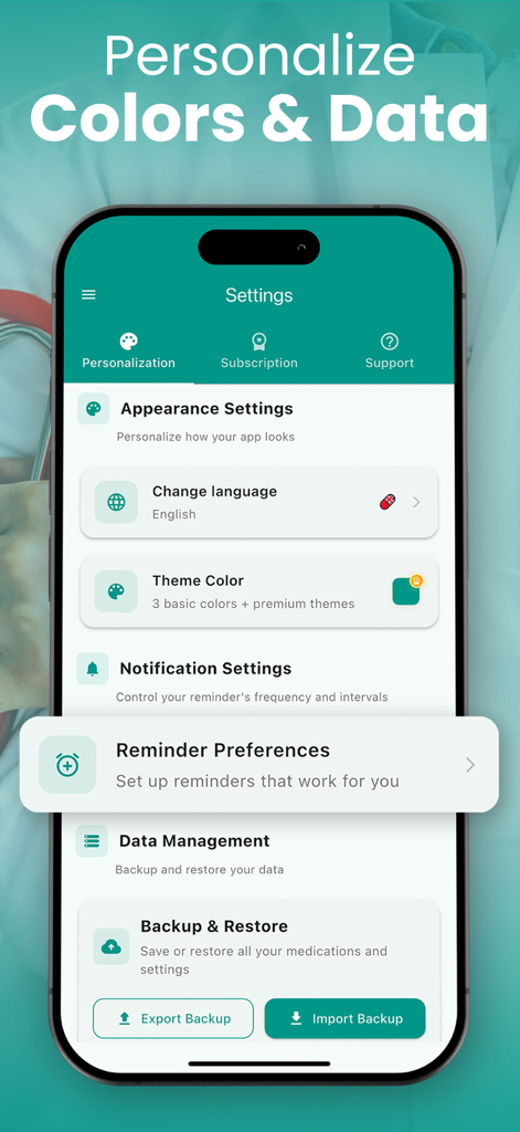 MedAlert: Pill Reminder - Tela de configurações do aplicativo MedAlert mostrando opções de personalização e recursos de backup de dados