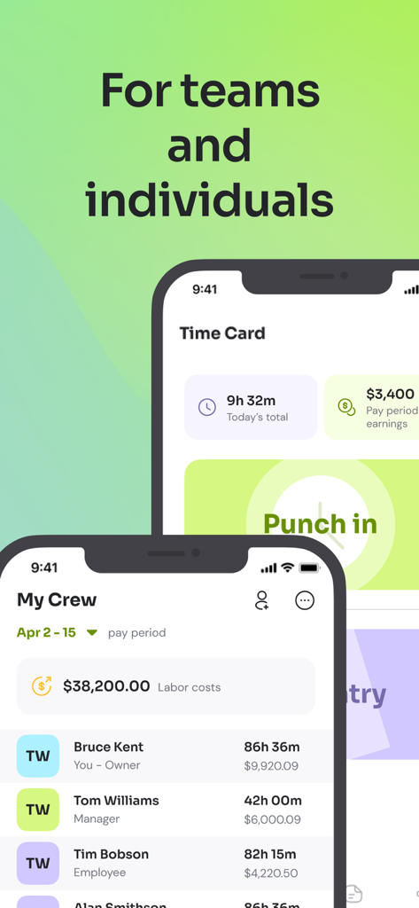 Time Squared: Hours Tracker - Interface of Time Squared app showing a personal time card and a crew management dashboard for tracking employee hours and labor costs.