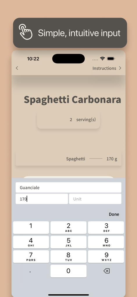 레시피 재료 및 수량 입력을 위한 모바일 앱 화면