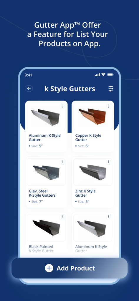Gutter App screen displaying a catalog of K style gutters with options for aluminum, copper, and steel