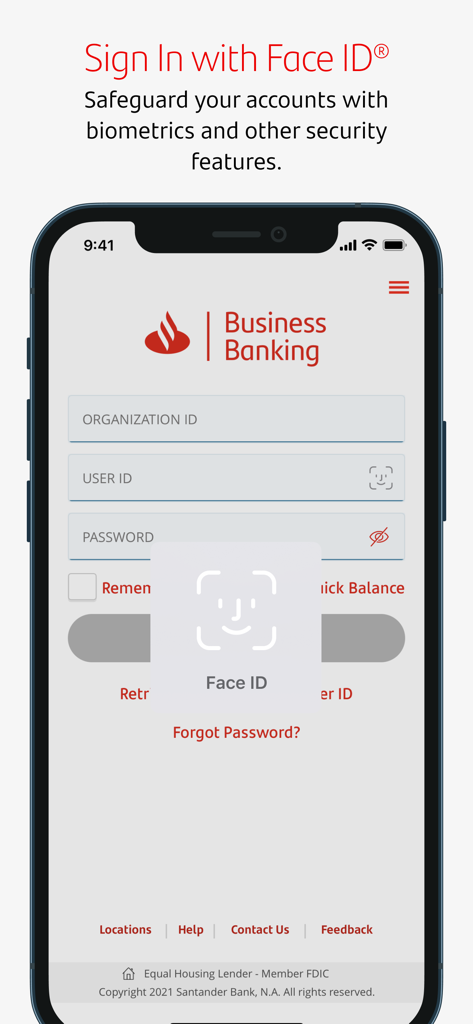 Santander Business Banking app login screen showing Face ID biometric authentication