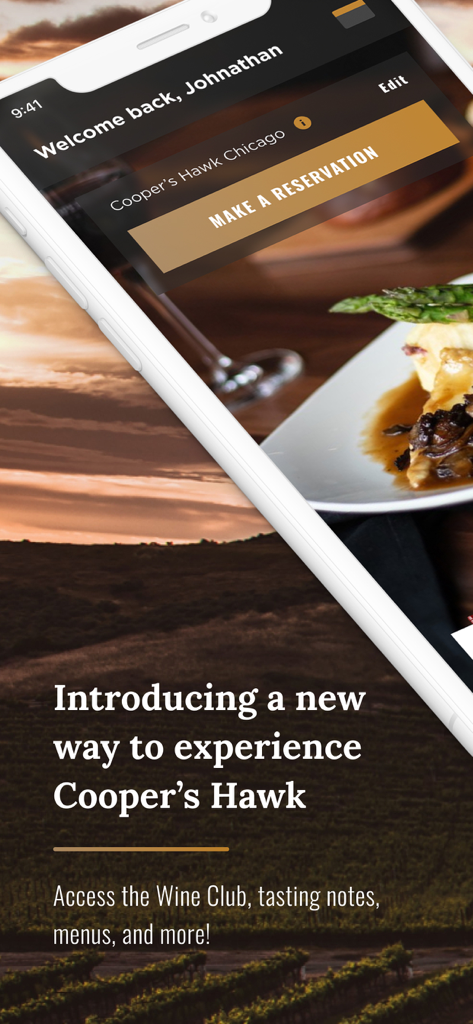 Cooper‘s Hawk - Interfaccia dell'app mobile Coopers Hawk che mostra un pulsante di prenotazione e le funzionalità del Wine Club su uno sfondo di vigneto