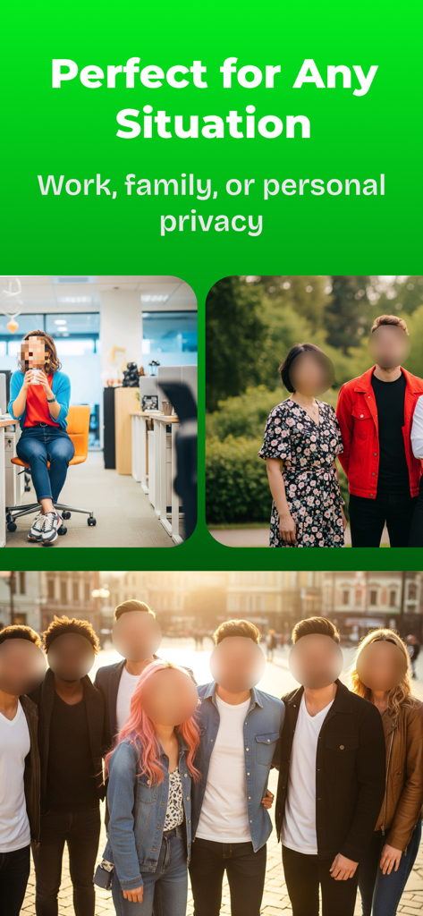 Blur Face - photo & video - Exemplos de desfoque e pixelização de rostos em cenários de escritório, família e grupos sociais para proteção de privacidade