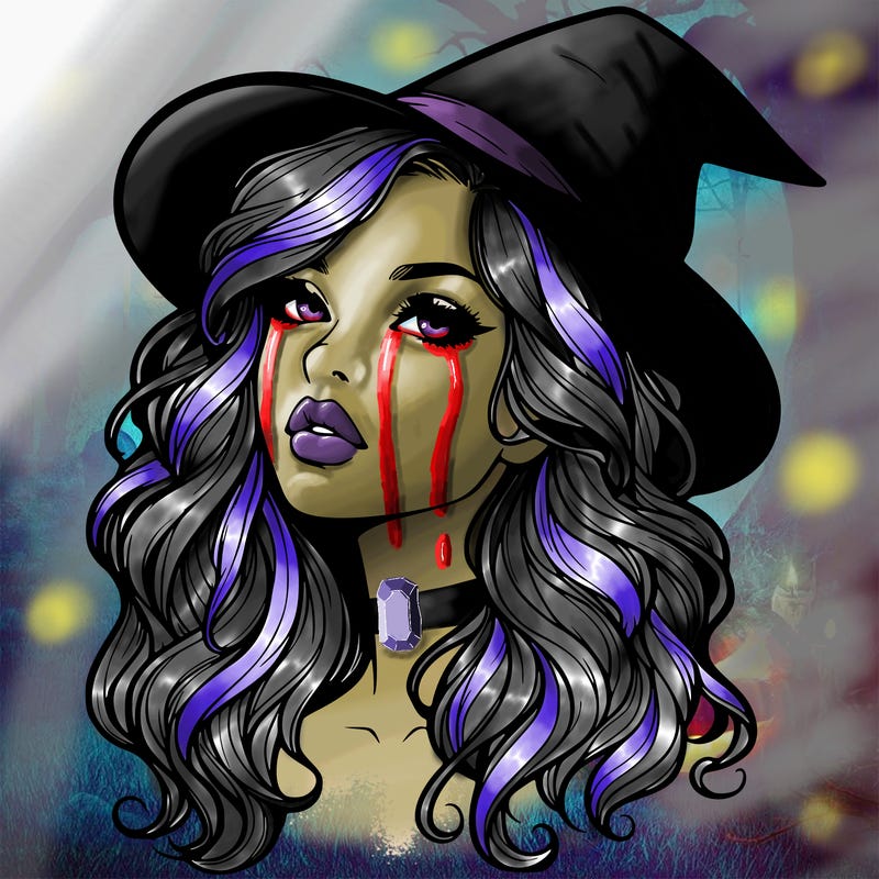 realistic witch girl with wavy hair and lips