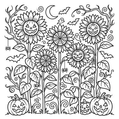 Get into the Halloween spirit with this unique coloring page featuring tall sunflowers with a spooky twist. Discover grinning jack-o'-lantern faces, playful ghosts, and intricate spiderwebs woven into a vibrant seasonal scene.