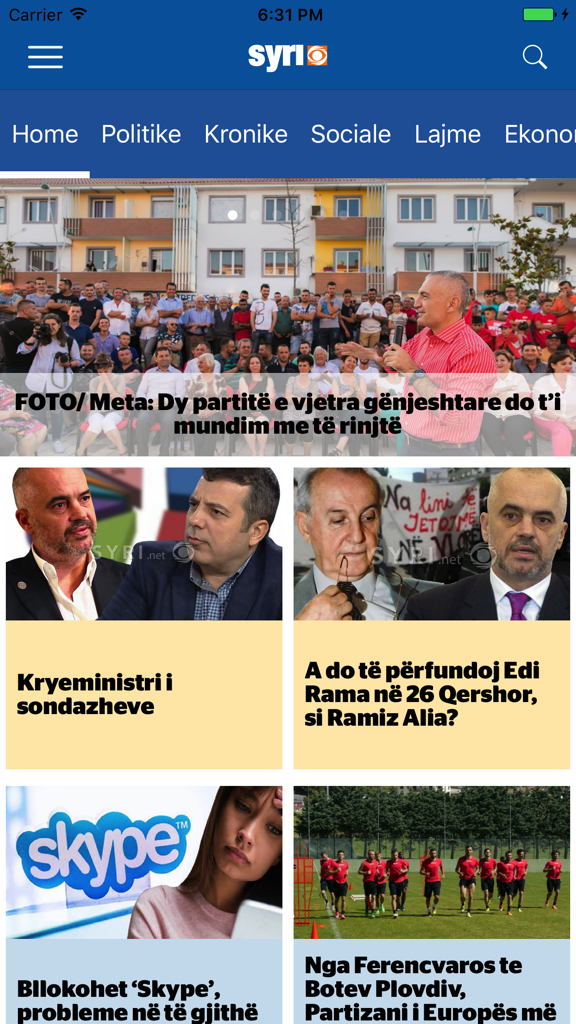 Syri - Página de inicio de la aplicación móvil Syri mostrando artículos de noticias en albanés en diferentes categorías