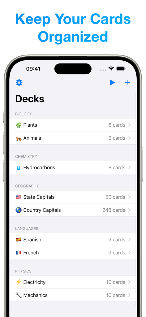 Amazing Flash Cards - Amazing Flash Cardsアプリで、生物学、化学、地理などの科目別に整理されたさまざまなフラッシュカードデッキを示すiPhone画面。