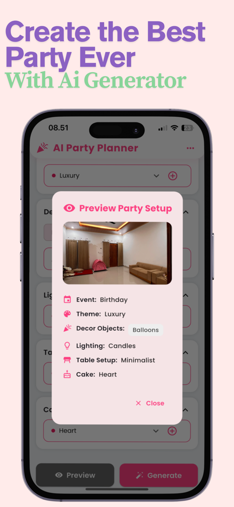 AI Party Planner & Designer - AI Party Planner app displaying a luxury birthday party setup preview on a mobile phone