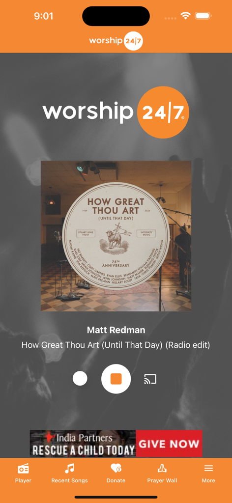 Worship 24/7 - Worship 24/7 app music player interface playing Matt Redman's version of How Great Thou Art.