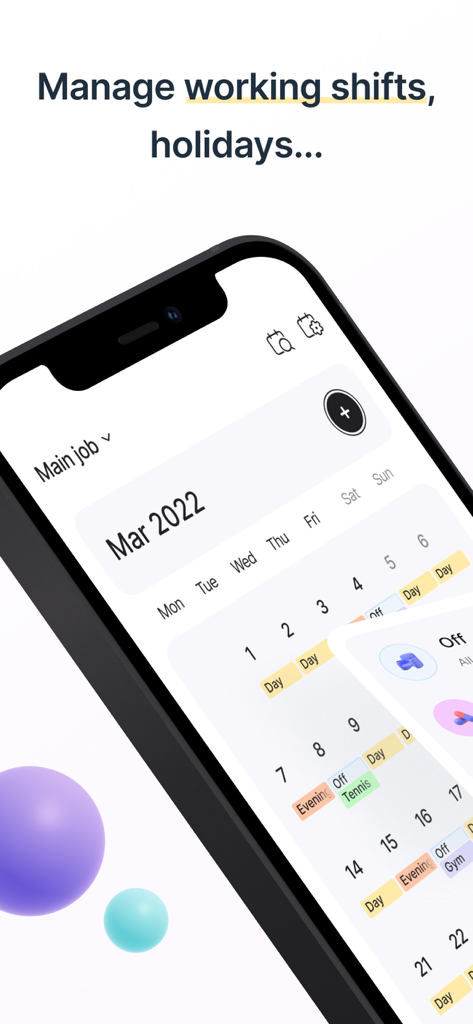 Shift Work Calendar & Schedule - A smartphone showing a shift work calendar with color-coded day and evening shifts and personal activities