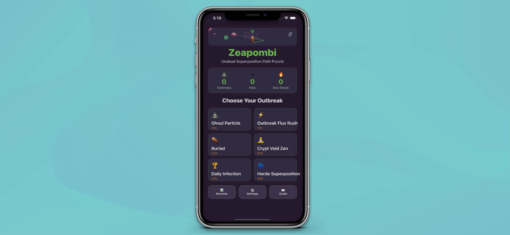 Zeapombi - El menú principal de la aplicación Zeapombi que muestra varios modos de juego de puzles, incluidos Ghoul Particle y Daily Infection