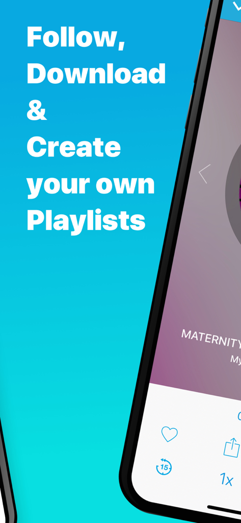 Pantalla de la aplicación Podomatic destacando las funciones para seguir, descargar y crear listas de reproducción personalizadas