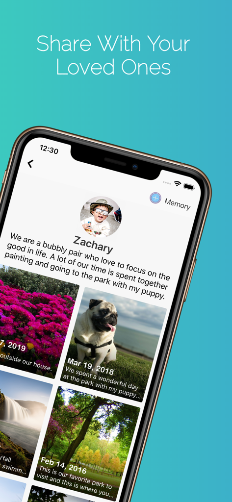 Remember Me: Memory Books - La interfaz de la aplicación Remember Me que muestra el perfil de un libro de recuerdos para Zachary con una colección de fotos y el texto Compartir con tus seres queridos.