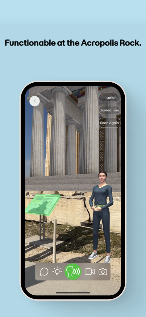 Vista in realtà aumentata dell'Acropoli con la guida AI digitale Clio nell'app COSMOTE CHRONOS