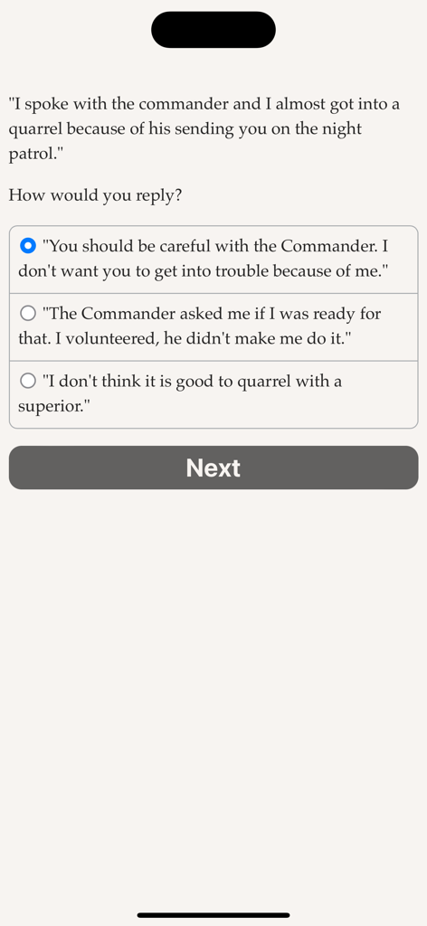 Text-based gameplay screen showing a dialogue prompt and three response options in the Knight of the Fellowship app.