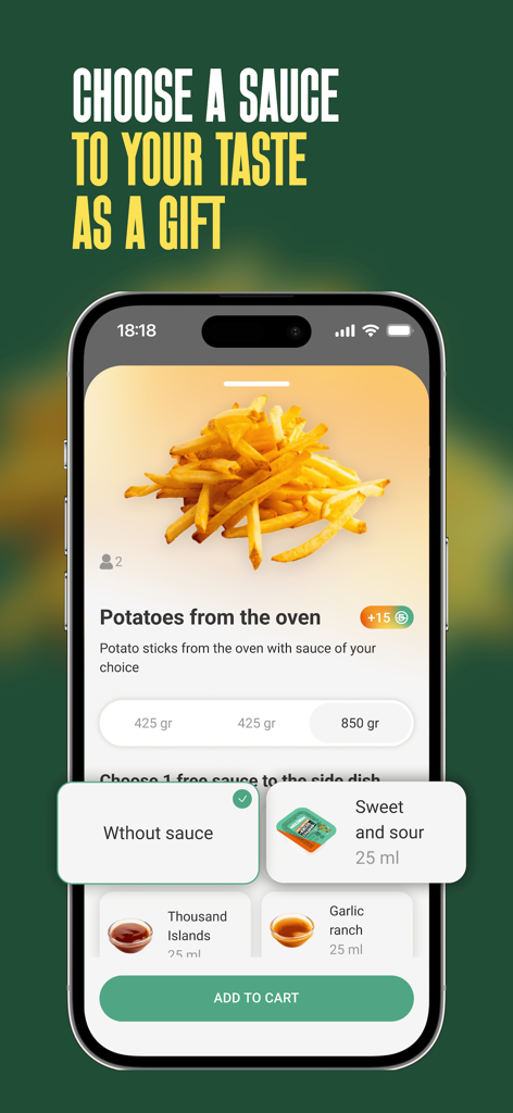 Папа Джонс - Доставка пиццы - Tela do aplicativo Papa Johns mostrando acompanhamento de batata e seleção de molho grátis
