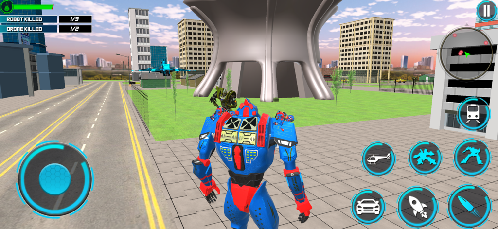 War Machines:Battle Robot Game - Un robot gigante azul y rojo en una ciudad futurista en 3D con controles de juego en pantalla