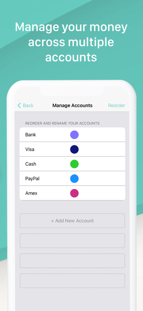 Xpence: Money Tracker - Interface for managing multiple financial accounts in the Xpence app