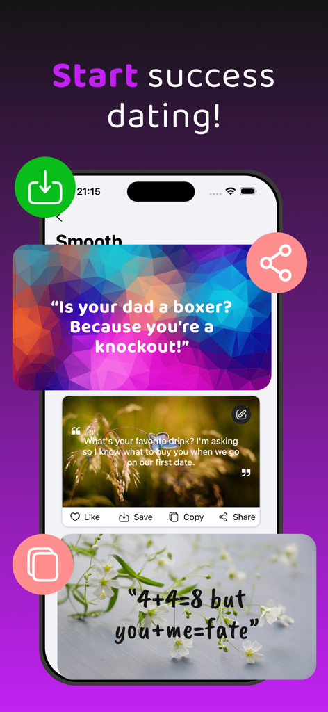 Pickup Lines - Flirt Message - Mobile app interface for Pickup Lines - Flirt Message showing creative dating openers and romantic quotes.
