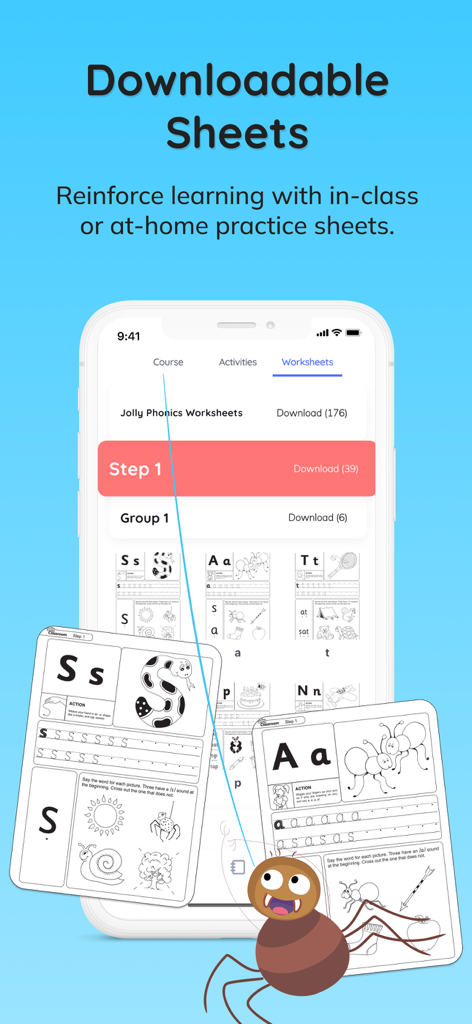 Jolly Classroom: Teach Phonics - Smartphone screen displaying downloadable Jolly Phonics practice sheets and printed examples