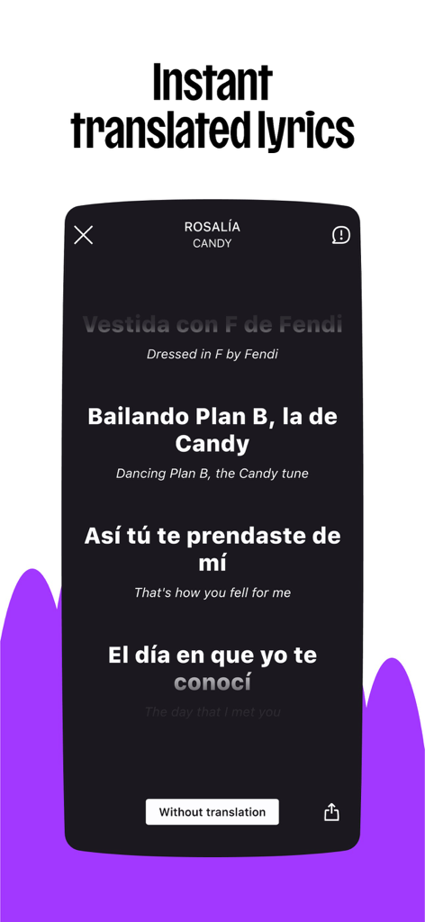 Mobile screen showing Deezer's instant translated lyrics feature with Spanish and English text.