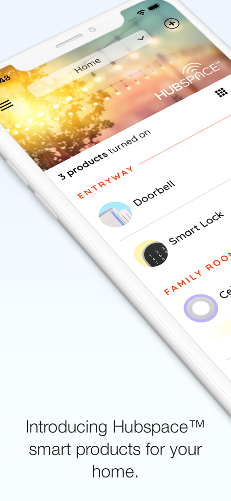 Hubspace - Hubspace mobile app dashboard displaying smart home products like a doorbell and smart lock.