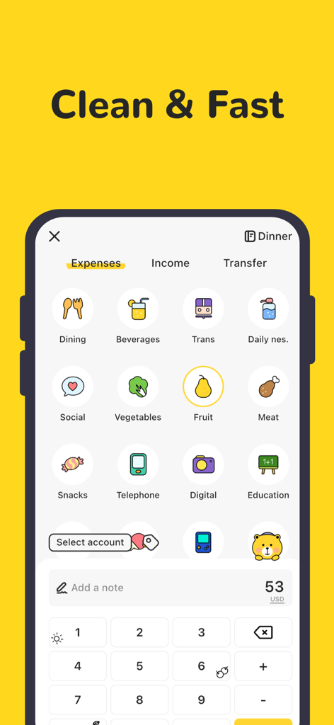 Money Manager App-Bildschirm zur Ausgabenverfolgung mit verschiedenen Kategorie-Symbolen und einem Ziffernblock für schnelle Eingaben