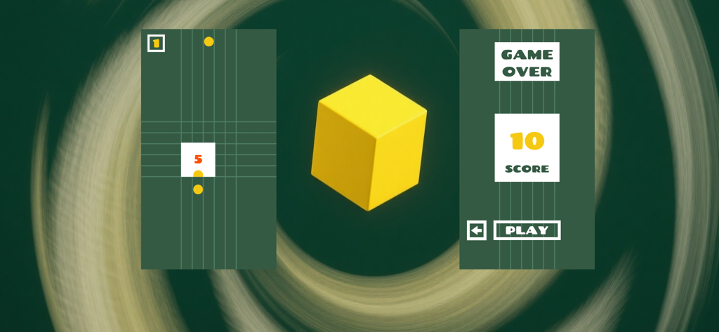 Screenshots of Rotating Vision Race mobile game showing a 3D yellow cube in a minimalist environment and a game over screen with a score of 10