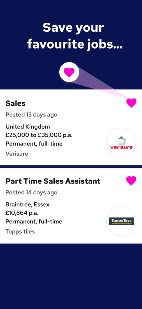 Interface of the Reed.co.uk app showing job listings with an option to save favorites using heart icons