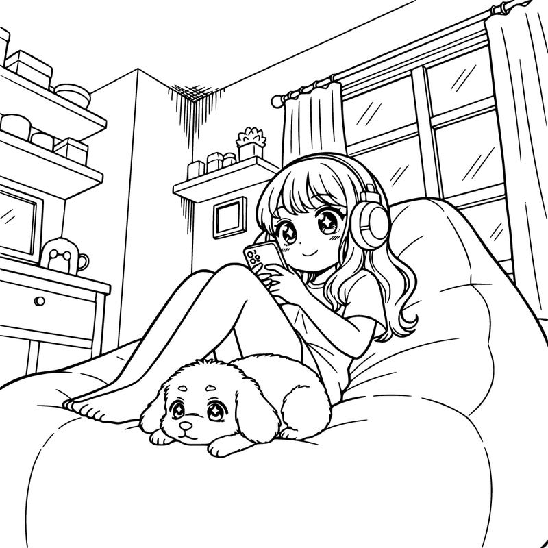 a cute girl in her room which is very cute and calm, sitting  beanbag with her earphones in and is on her phone