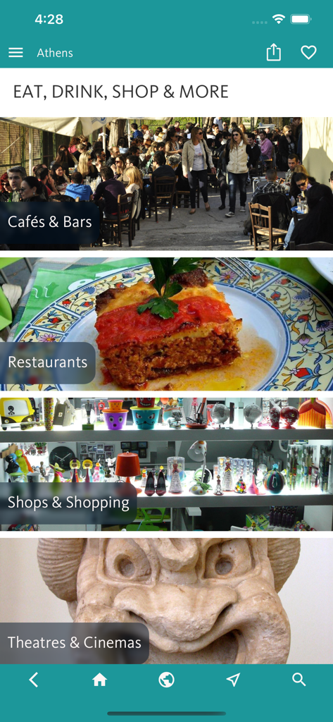 Athens’ Best: Travel Guide - Screenshot of the Athens Best travel guide app showing categories for Cafes and Bars, Restaurants, Shops and Shopping, and Theatres and Cinemas.