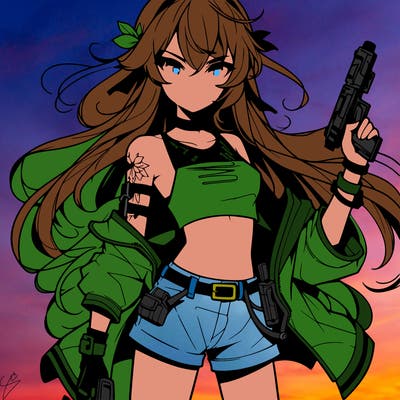 bad girl wearing crop top holding a gun long hair anime